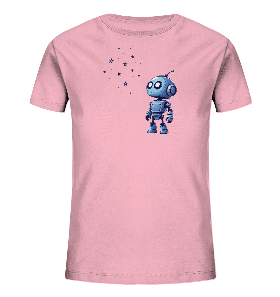 Onlineshop Shirts für Kinder - Das Bild zeigt ein rosafarbenes Kinder-T-Shirt. Auf der Vorderseite ist ein kleiner, blauer Cartoon-Roboter abgebildet, der große runde Augen hat und aufrecht steht. Über dem Roboter ist eine Gruppe von stilisierten, dunkelblauen Sternen und Punkten zu sehen. Das Design ist mittig auf der Brust platziert und verleiht dem schlichten T-Shirt eine verspielte Note.