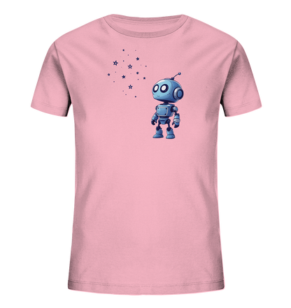 Onlineshop Shirts für Kinder - Das Bild zeigt ein rosafarbenes Kinder-T-Shirt. Auf der Vorderseite ist ein kleiner, blauer Cartoon-Roboter abgebildet, der große runde Augen hat und aufrecht steht. Über dem Roboter ist eine Gruppe von stilisierten, dunkelblauen Sternen und Punkten zu sehen. Das Design ist mittig auf der Brust platziert und verleiht dem schlichten T-Shirt eine verspielte Note.