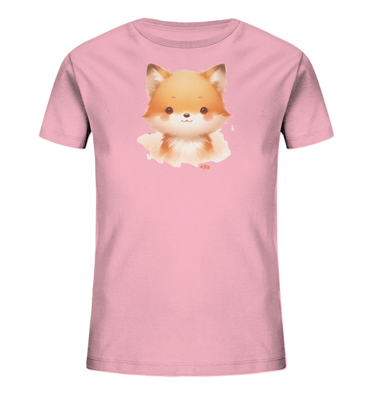 Onlineshop Shirts fuer Kinder - Das Bild zeigt ein rosafarbenes Kinder-T-Shirt mit einem niedlichen Aufdruck auf der Vorderseite. Der Druck stellt den Kopf eines freundlich laechelnden Fuchses im Cartoon-Stil dar. Das Fuchsmotiv ist in warmen Orange- und Weisstoenen gehalten und hat eine weiche, aquarellaehnliche Textur. Der Aufdruck verleiht dem Shirt einen verspielten und ansprechenden Charakter.