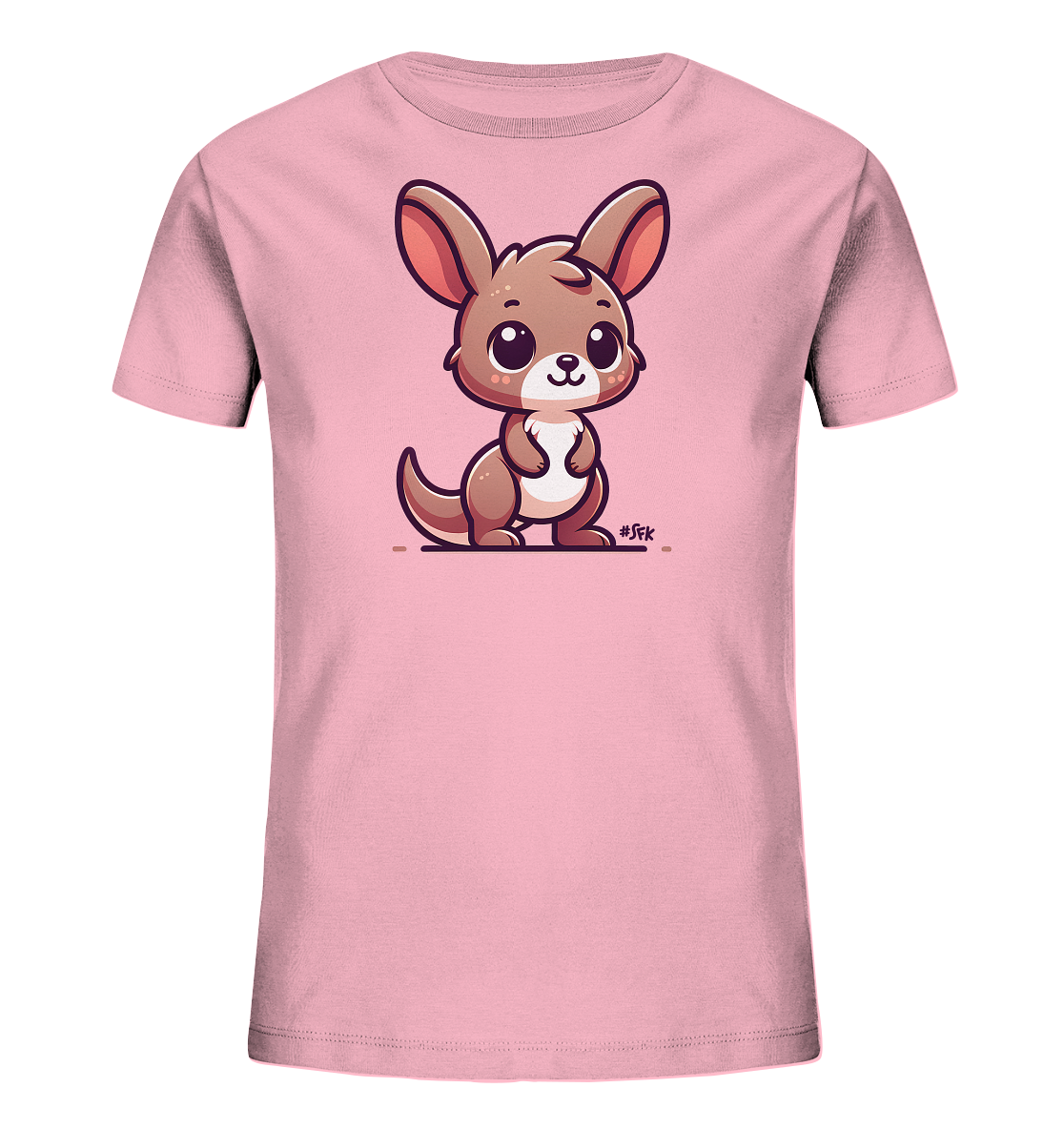 Onlineshop Shirts fuer Kinder - Das Bild zeigt ein rosa Kinder-T-Shirt. Auf der Vorderseite ist eine niedliche Illustration eines cartoonhaften Kaengurus abgebildet. Das Kaenguru hat grosse Augen und Ohren und steht aufrecht. Das Design wirkt freundlich und kindgerecht.