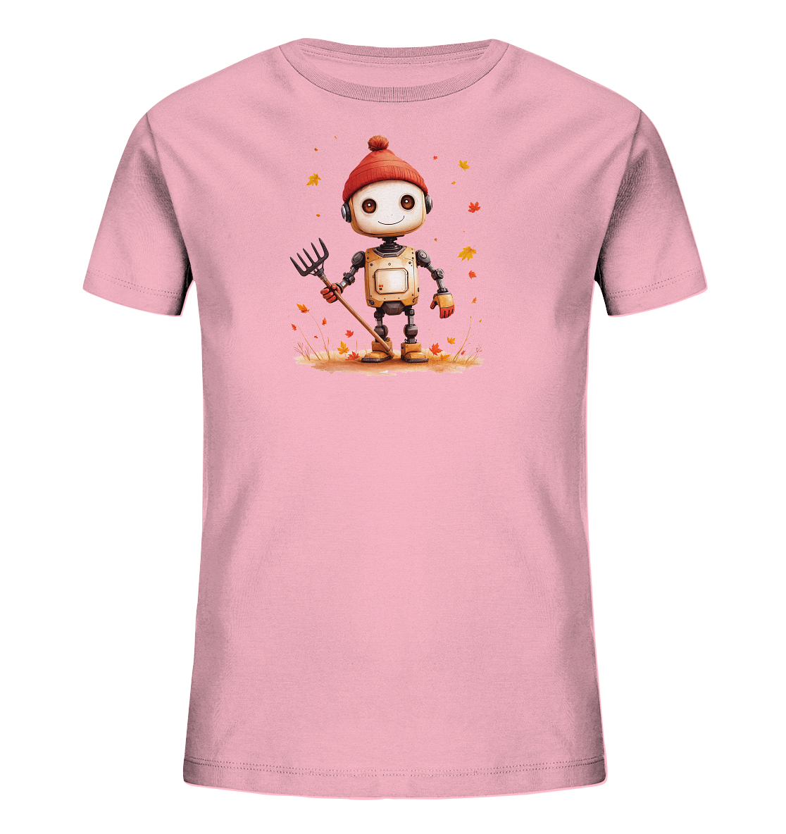 Onlineshop Shirts für Kinder - Das Bild zeigt ein rosafarbenes T-Shirt für Kinder, bedruckt mit einer Illustration eines freundlichen Roboters. Der Roboter trägt eine rote Pudelmütze und hält eine Heugabel in der Hand. Er steht inmitten einer Szene mit fallenden orange-gelben Herbstblättern und herbstlichem Gras auf braunem Grund. Die gesamte Grafik ist im niedlichen Cartoon-Stil gehalten und erzeugt eine warme, herbstliche Atmosphäre.