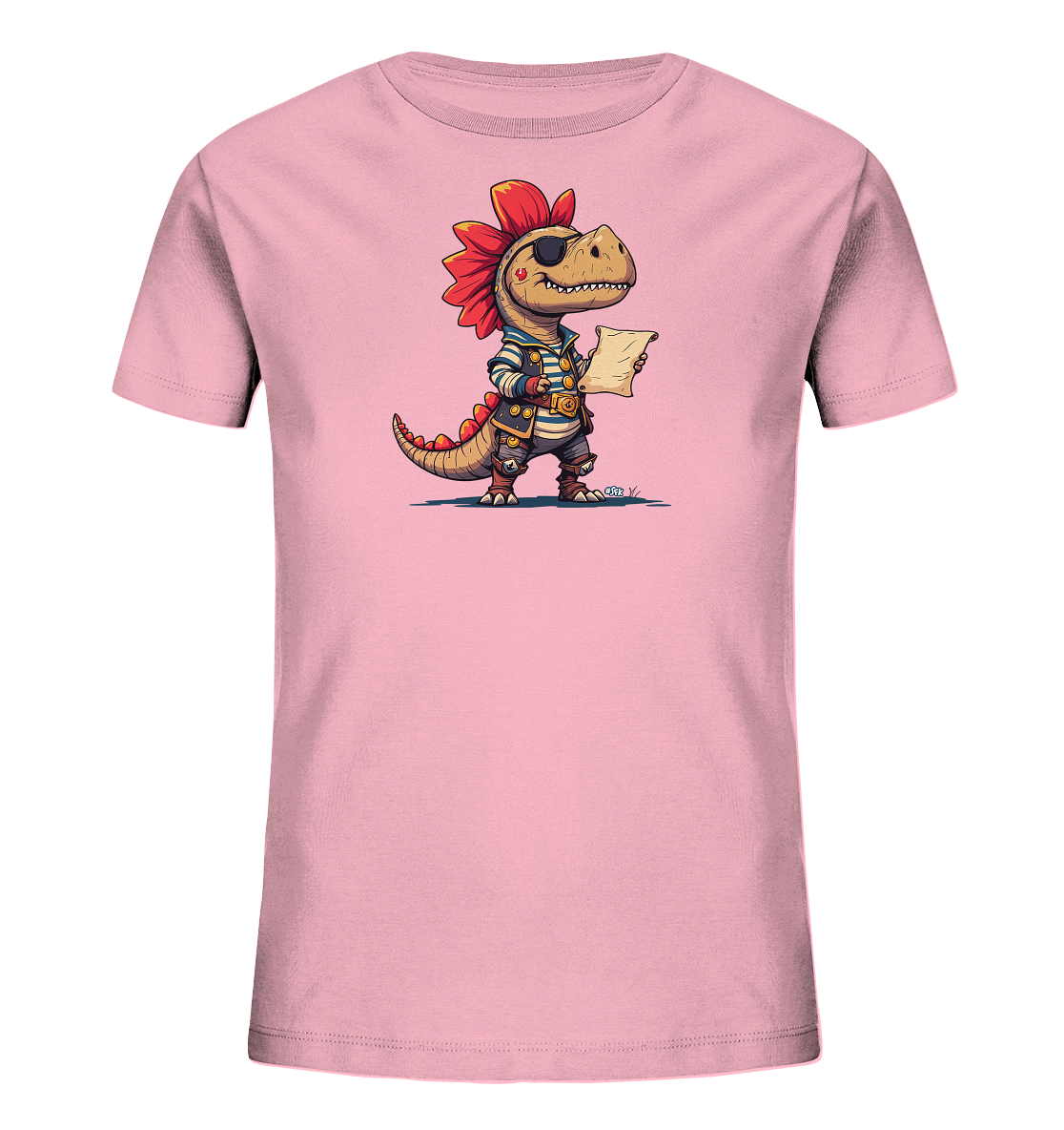 Onlineshop Shirts fuer Kinder - Das Bild zeigt ein rosa T-Shirt mit einem niedlichen, cartoonhaften Dinosaurier-Motiv. Der Dinosaurier ist als Pirat verkleidet, traegt eine Augenklappe, eine gestreifte Jacke und haelt eine Schriftrolle. Mit seinen Stacheln und dem freundlichen Gesichtsausdruck wirkt das Design verspielt. Dieses Shirt ist ideal fuer kleine Abenteurer.
