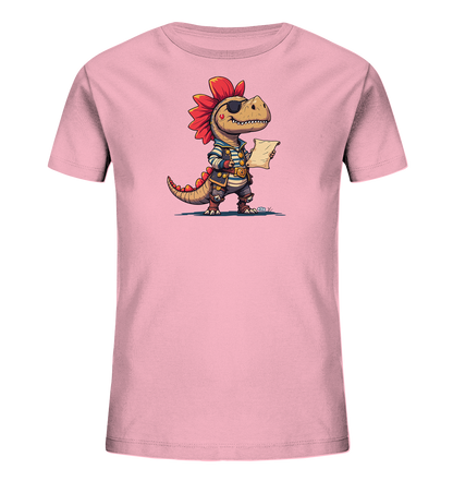 Onlineshop Shirts fuer Kinder - Das Bild zeigt ein rosa T-Shirt mit einem niedlichen, cartoonhaften Dinosaurier-Motiv. Der Dinosaurier ist als Pirat verkleidet, traegt eine Augenklappe, eine gestreifte Jacke und haelt eine Schriftrolle. Mit seinen Stacheln und dem freundlichen Gesichtsausdruck wirkt das Design verspielt. Dieses Shirt ist ideal fuer kleine Abenteurer.