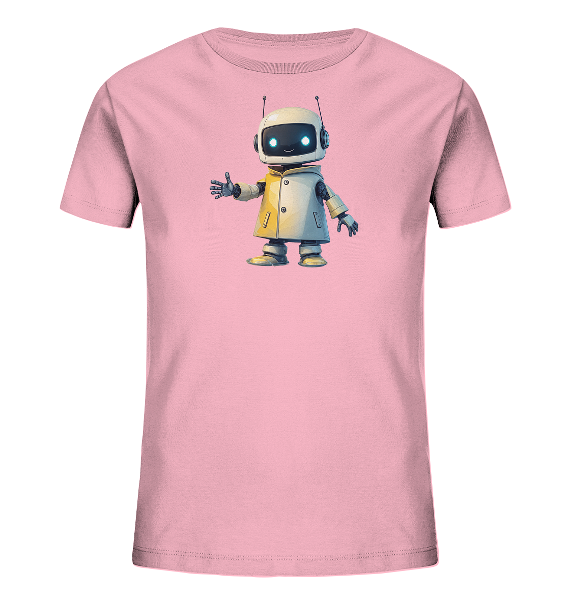 Onlineshop Shirts für Kinder - Das Bild zeigt ein hellrosa T-Shirt für Kinder. Auf der Vorderseite ist eine Grafik eines freundlichen Cartoon-Roboters abgebildet. Der Roboter trägt eine gelb-graue Jacke und hat große, leuchtende Augen sowie Kopfhörer. Er steht da und gibt einen Daumen hoch, was dem Design einen positiven und verspielten Charakter verleiht.