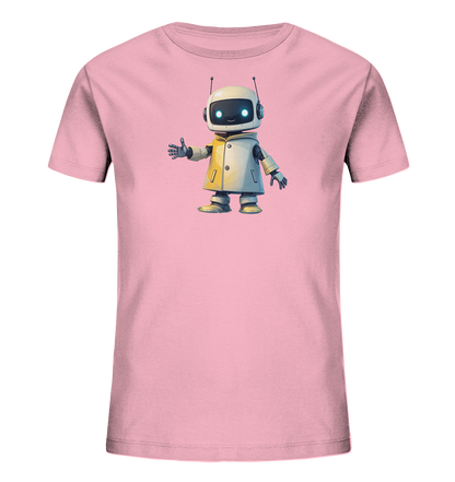 Onlineshop Shirts für Kinder - Das Bild zeigt ein hellrosa T-Shirt für Kinder. Auf der Vorderseite ist eine Grafik eines freundlichen Cartoon-Roboters abgebildet. Der Roboter trägt eine gelb-graue Jacke und hat große, leuchtende Augen sowie Kopfhörer. Er steht da und gibt einen Daumen hoch, was dem Design einen positiven und verspielten Charakter verleiht.