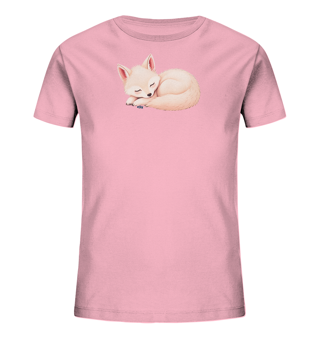 Onlineshop Shirts fuer Kinder - Das Bild zeigt ein hellrosa Kinder-T-Shirt mit einem niedlichen Motiv auf der Vorderseite. Darauf ist ein schlafender, heller Fuchs abgebildet, der sich gemuetlich eingerollt hat. Das Tier hat geschlossene Augen und wirkt sehr friedlich. Dieses Design verleiht dem Shirt eine sanfte und beruhigende Ausstrahlung.