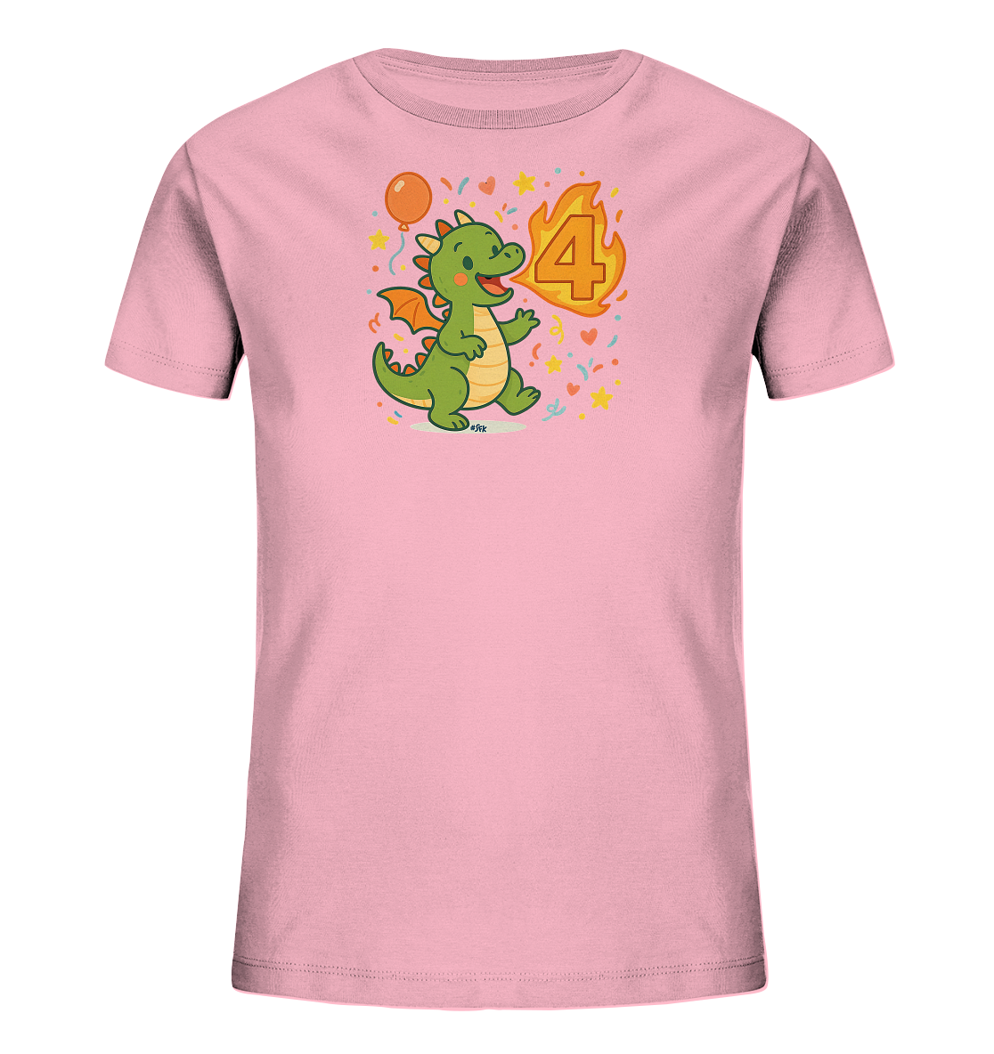 Onlineshop Shirts fuer Kinder - Dieses rosafarbene T-Shirt fuer Kinder zeigt eine froehliche Illustration eines gruenen Cartoon-Drachens. Der Drache laeuft und laechelt, neben ihm steht eine grosse, wie Feuer gestaltete Zahl Vier. Das Design ist ergaenzt durch Elemente wie einen Ballon, Konfetti und Sterne. Es wirkt insgesamt sehr verspielt und feierlich.