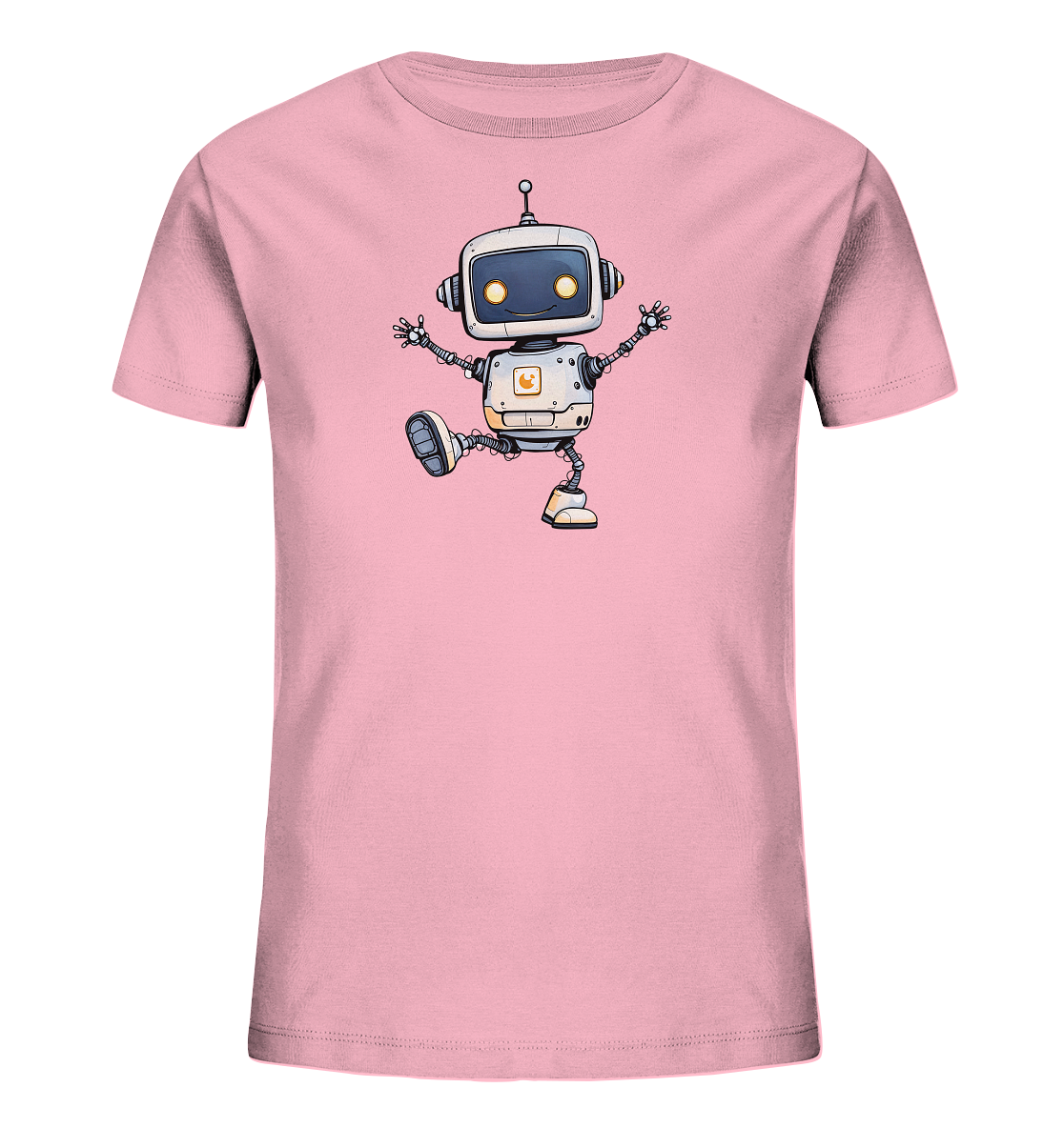 Onlineshop Shirts für Kinder - Das Bild zeigt ein hellrosa Kinder-T-Shirt auf einem schwarzen Hintergrund. Auf der Vorderseite ist ein freundlich wirkender, cartoonartiger Roboter abgebildet. Der Roboter ist in Weiß- und Grautönen gehalten, mit leuchtend gelben Augen und orangefarbenen Akzenten. Er ist in einer Pose dargestellt, die Bewegung suggeriert, mit ausgestreckten Armen und einem angehobenen Bein.