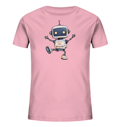 Onlineshop Shirts für Kinder - Das Bild zeigt ein hellrosa Kinder-T-Shirt auf einem schwarzen Hintergrund. Auf der Vorderseite ist ein freundlich wirkender, cartoonartiger Roboter abgebildet. Der Roboter ist in Weiß- und Grautönen gehalten, mit leuchtend gelben Augen und orangefarbenen Akzenten. Er ist in einer Pose dargestellt, die Bewegung suggeriert, mit ausgestreckten Armen und einem angehobenen Bein.