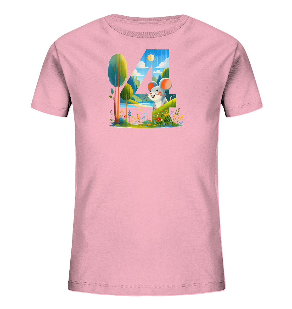 Onlineshop Shirts fuer Kinder - Das Bild zeigt ein rosafarbenes T-Shirt mit einem Motiv fuer Kinder. Die Grafik stellt die Zahl '4' als sonnige Landschaft mit einer Maus, Blumen und Bergen dar. Dieses detailreiche Design wirkt sehr froehlich.
