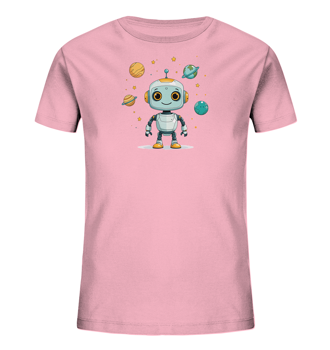 Onlineshop Shirts für Kinder - Das Bild zeigt ein hellrosa Kinder-T-Shirt. Auf der Vorderseite befindet sich eine farbenfrohe Illustration eines freundlichen Cartoon-Roboters mit großen Augen und einem lächelnden Gesicht. Um den Roboter herum sind mehrere stilisierte Planeten oder Monde in verschiedenen Farben sowie kleine gelbe Sterne dargestellt. Dieses Design vermittelt einen verspielten und weltraumbezogenen Eindruck, ideal für Kinderkleidung.