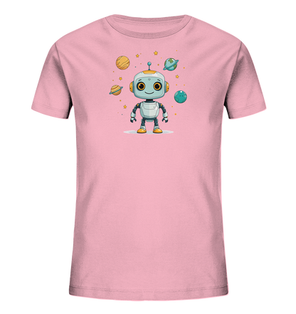Onlineshop Shirts für Kinder - Das Bild zeigt ein hellrosa Kinder-T-Shirt. Auf der Vorderseite befindet sich eine farbenfrohe Illustration eines freundlichen Cartoon-Roboters mit großen Augen und einem lächelnden Gesicht. Um den Roboter herum sind mehrere stilisierte Planeten oder Monde in verschiedenen Farben sowie kleine gelbe Sterne dargestellt. Dieses Design vermittelt einen verspielten und weltraumbezogenen Eindruck, ideal für Kinderkleidung.