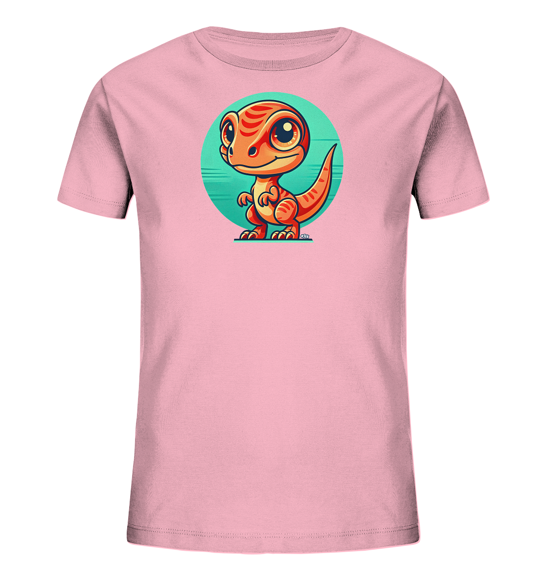 Onlineshop Shirts fuer Kinder - Das rosa T-Shirt zeigt einen niedlichen, orange-gestreiften Baby-Dinosaurier mit grossen Augen. Er steht vor einem tuerkisblauen Kreis, das Motiv wirkt verspielt und kindgerecht.