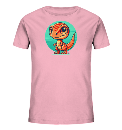 Onlineshop Shirts fuer Kinder - Das rosa T-Shirt zeigt einen niedlichen, orange-gestreiften Baby-Dinosaurier mit grossen Augen. Er steht vor einem tuerkisblauen Kreis, das Motiv wirkt verspielt und kindgerecht.