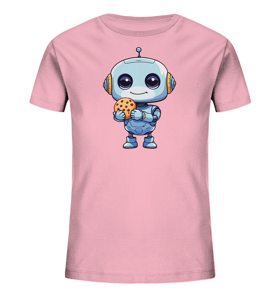 Onlineshop Shirts für Kinder - Das Bild zeigt ein hellrosa Kinder-T-Shirt mit einer charmanten Illustration auf der Vorderseite. Im Zentrum des Designs steht ein kleiner, blauer Roboter mit großen, freundlichen Augen und einem Lächeln. Der Roboter hält einen großen Keks mit Schokostückchen in den Händen. Das gesamte Motiv wirkt kindgerecht und lädt zum Schmunzeln ein.