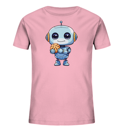 Onlineshop Shirts für Kinder - Das Bild zeigt ein hellrosa Kinder-T-Shirt mit einer charmanten Illustration auf der Vorderseite. Im Zentrum des Designs steht ein kleiner, blauer Roboter mit großen, freundlichen Augen und einem Lächeln. Der Roboter hält einen großen Keks mit Schokostückchen in den Händen. Das gesamte Motiv wirkt kindgerecht und lädt zum Schmunzeln ein.