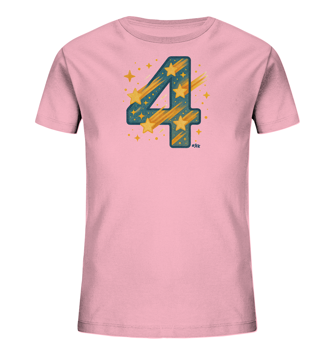 Onlineshop Shirts fuer Kinder - Das Bild zeigt ein rosa Kinder-T-Shirt mit einem grossen, dekorativen Motiv der Zahl 4. Die Zahl ist in einem blau-gruenen Farbton gestaltet und mit einem Muster aus gelben Sternen und Sternschnuppen versehen. Kleine gelbe Sterne und Punkte umgeben das zentrale Zahlmotiv. Dieses Design wirkt lebhaft und passend fuer feierliche Anlaesse wie einen Geburtstag.