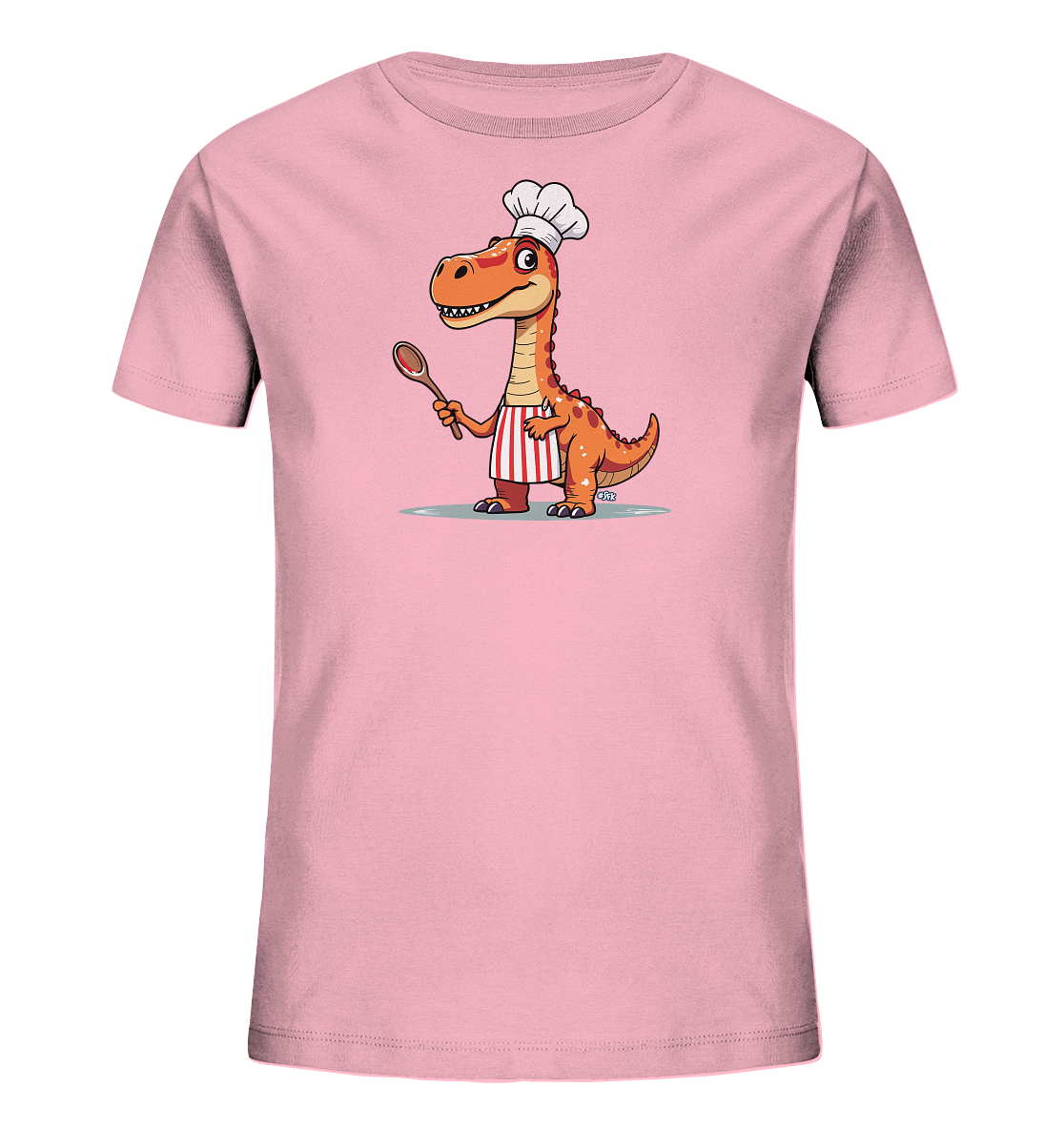 Onlineshop Shirts fuer Kinder - Das Bild zeigt ein hellrosa Kinder-T-Shirt. Auf der Vorderseite ist eine Illustration eines orangefarbenen Cartoon-Tyrannosaurus Rex zu sehen. Der Dinosaurier traegt eine Kochmuetze und eine gestreifte Schuerze und haelt einen Kochloeffel. Die Grafik ist farbenfroh und verspielt.