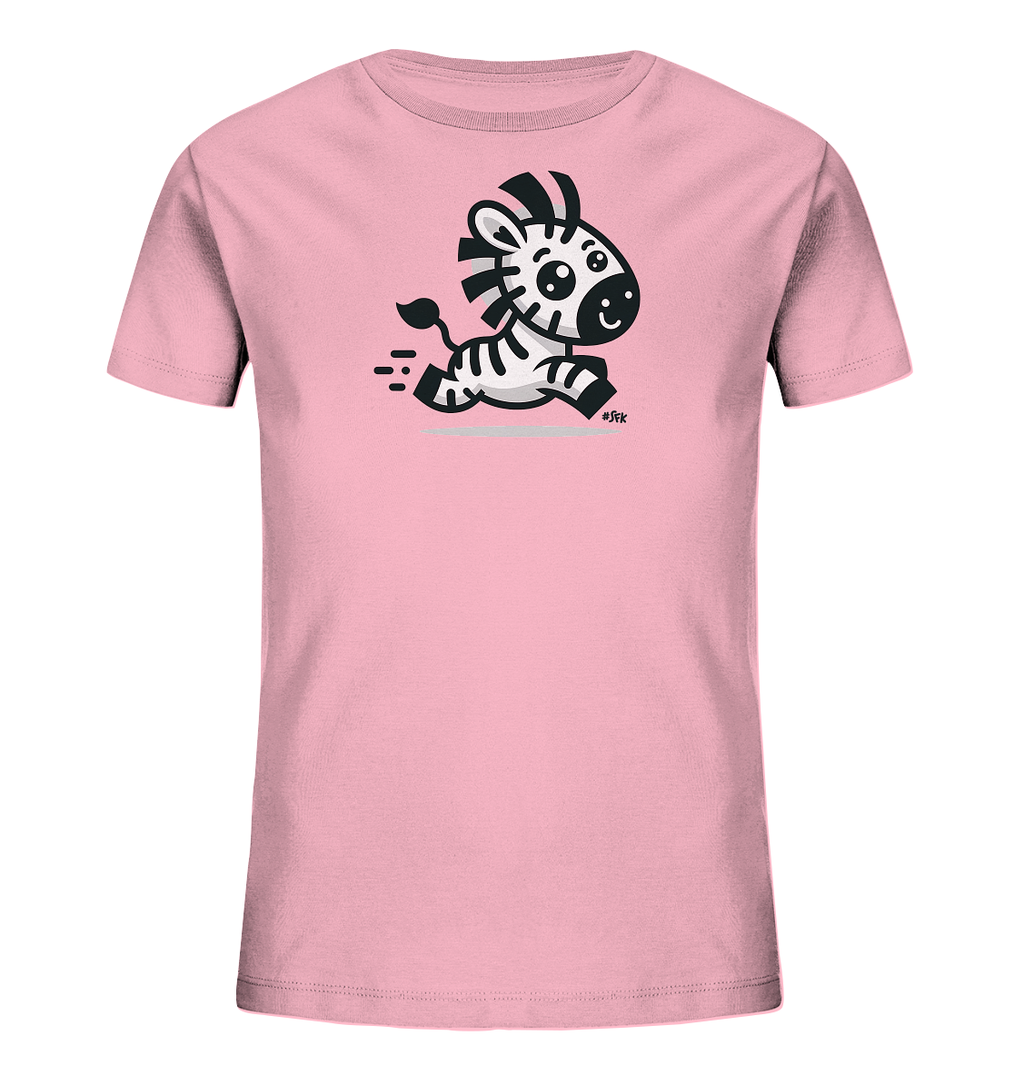 Onlineshop Shirts fuer Kinder - Das Bild zeigt ein rosafarbenes T-Shirt fuer Kinder. Auf der Vorderseite ist eine lustige, cartoonhafte Illustration eines Zebras zu sehen. Das Zebra rennt und hat einen froehlichen Ausdruck. Die Grafik enthaelt auch Linien, die Bewegung andeuten.