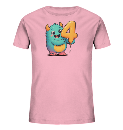 Onlineshop Shirts fuer Kinder - Dieses rosa T-Shirt fuer Kinder zeigt ein freundliches, blaues Cartoon-Monster mit orangefarbenen Details. Das flauschig wirkende Monster haelt einen grossen, orangefarbenen Ballon in Form der Zahl Vier. Das Motiv ist zentral auf der Vorderseite platziert und wirkt verspielt.