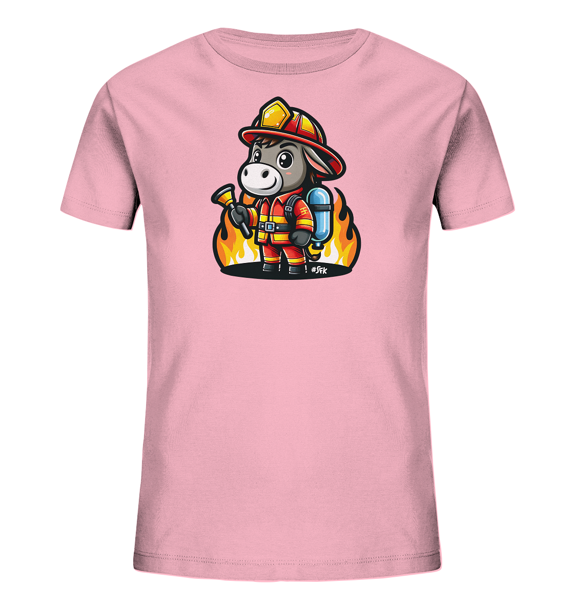 Kinder T-Shirt mit ein freundlicher Esel als Feuerwehrmann mit Helm, Anzug und Schlauch