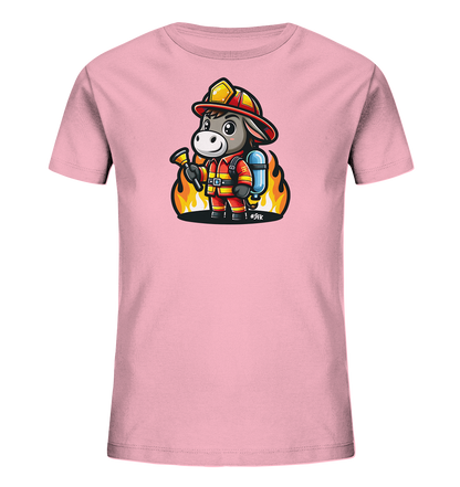 Kinder T-Shirt mit ein freundlicher Esel als Feuerwehrmann mit Helm, Anzug und Schlauch