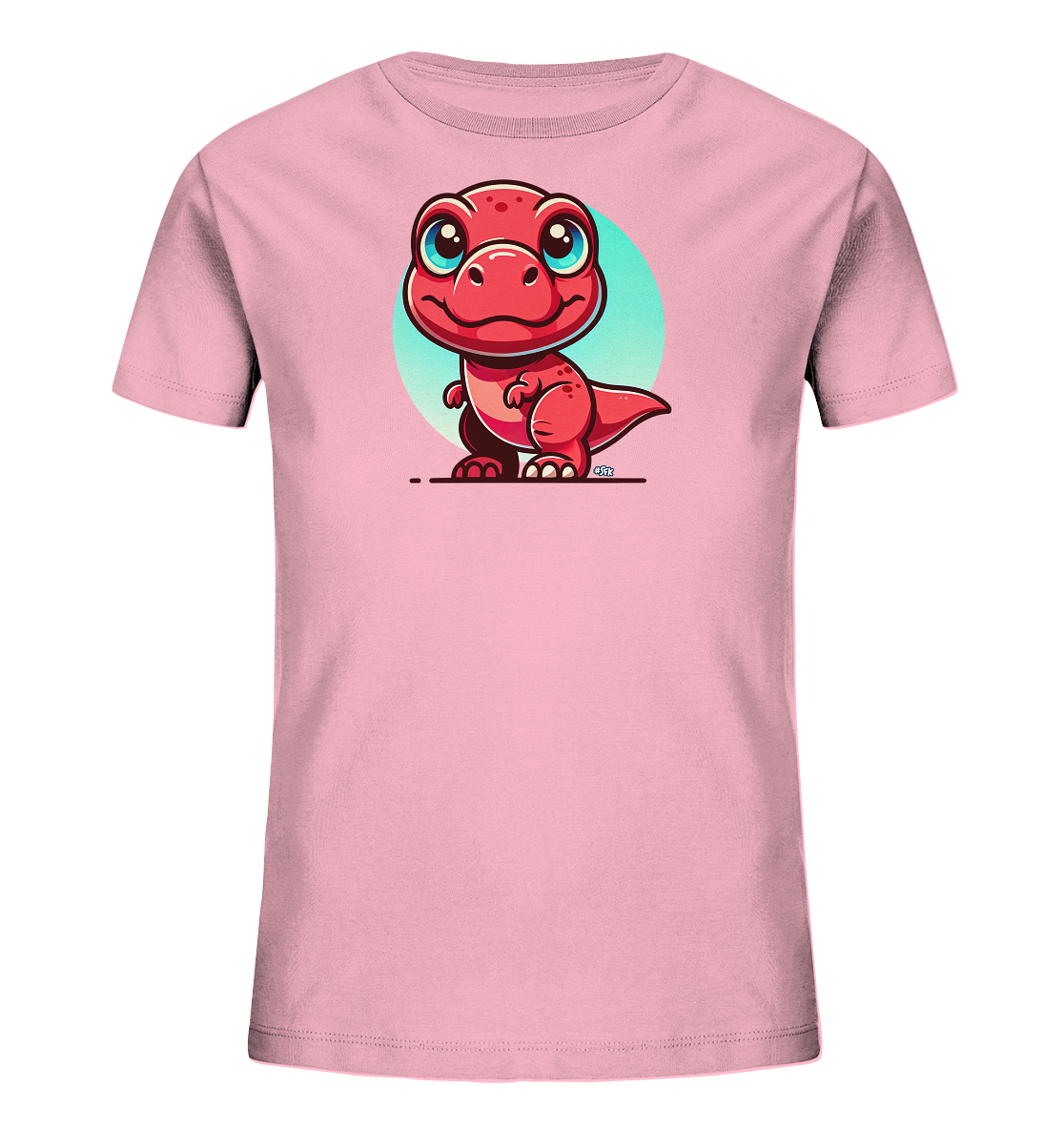 Onlineshop Shirts für Kinder - Das Bild zeigt ein hellrosa Kinder-T-Shirt mit einem niedlichen, cartoonhaften Dinosaurier-Motiv auf der Vorderseite. Der kleine, rote Dinosaurier hat große blaue Augen und ein breites Lächeln. Hinter dem Dinosaurier ist ein hellblau-türkiser Kreis als Hintergrund platziert, der sich vom rosa Shirt abhebt. Die Illustration ist detailreich gestaltet und verleiht dem Shirt einen verspielten und freundlichen Look, der gut zu Kinderkleidung passt.