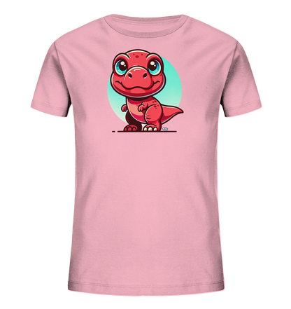 Onlineshop Shirts für Kinder - Das Bild zeigt ein hellrosa Kinder-T-Shirt mit einem niedlichen, cartoonhaften Dinosaurier-Motiv auf der Vorderseite. Der kleine, rote Dinosaurier hat große blaue Augen und ein breites Lächeln. Hinter dem Dinosaurier ist ein hellblau-türkiser Kreis als Hintergrund platziert, der sich vom rosa Shirt abhebt. Die Illustration ist detailreich gestaltet und verleiht dem Shirt einen verspielten und freundlichen Look, der gut zu Kinderkleidung passt.