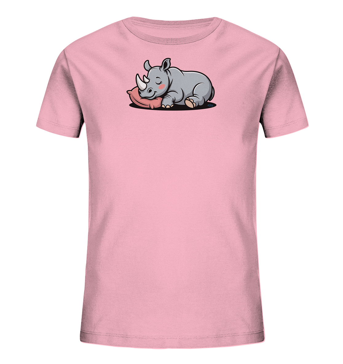Onlineshop Shirts fuer Kinder - Das Bild zeigt ein hellrosa Kinder-T-Shirt. Auf der Vorderseite ist ein niedliches Cartoon-Nashorn abgebildet, das selig schlaeft. Das graue Nashorn liegt gemuetlich auf einem kleinen rosa Kissen, mit geschlossenen Augen und rosigen Wangen. Dieses Design verleiht dem Shirt einen ruhigen und liebenswerten Charakter.