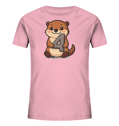 Onlineshop Shirts fuer Kinder - Das Bild zeigt ein hellrosa T-Shirt fuer Kinder mit einem Motiv. Darauf ist eine niedliche, cartoonhafte Illustration eines Otters zu sehen. Der Otter sitzt und haelt die graue Zahl Vier in seinen Pfoten. Das Design wirkt freundlich und verspielt.