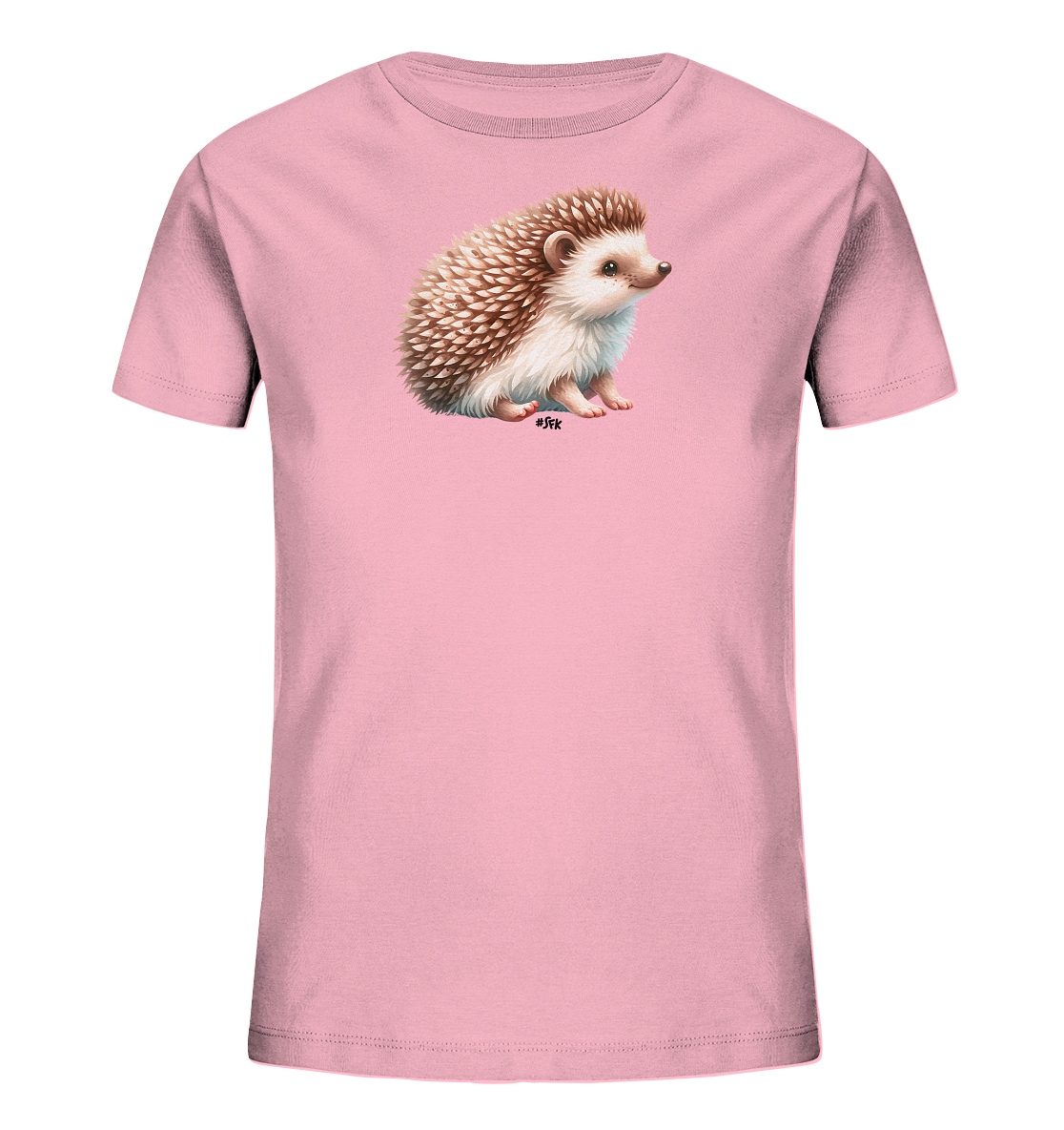 Onlineshop Shirts fuer Kinder - Dieses pinke T-Shirt fuer Kinder praesentiert eine detaillierte und naturgetreue Grafik eines Igels auf der Vorderseite. Der Igel sitzt in einer ruhigen Pose und blickt zur Seite. Die Darstellung des Tieres ist realistisch gestaltet mit feinen Details der Stacheln und des Gesichts. Dieses Design verleiht dem Shirt einen ansprechenden und niedlichen Charakter.