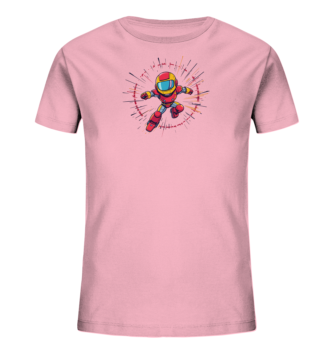 Onlineshop Shirts für Kinder - Das Bild zeigt ein Kinder-T-Shirt in einem hellen Rosaton. Auf der Vorderseite ist eine farbige Grafik einer Figur abgebildet, die wie ein Roboter oder Superheld in einem Comic-Stil aussieht. Die Figur trägt einen roten Anzug mit gelben und blauen Akzenten und ist in einer dynamischen Sprung- oder Flugposition dargestellt. Um die Figur herum sind strahlenförmige Linien in verschiedenen Farben wie Lila, Orange und Schwarz zu sehen, die einen Bewegungseffekt simulieren.
