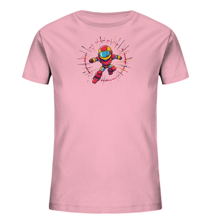 Onlineshop Shirts für Kinder - Das Bild zeigt ein Kinder-T-Shirt in einem hellen Rosaton. Auf der Vorderseite ist eine farbige Grafik einer Figur abgebildet, die wie ein Roboter oder Superheld in einem Comic-Stil aussieht. Die Figur trägt einen roten Anzug mit gelben und blauen Akzenten und ist in einer dynamischen Sprung- oder Flugposition dargestellt. Um die Figur herum sind strahlenförmige Linien in verschiedenen Farben wie Lila, Orange und Schwarz zu sehen, die einen Bewegungseffekt simulieren.