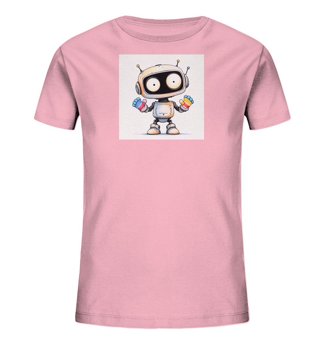 Onlineshop Shirts für Kinder - Das Bild zeigt ein kurzärmeliges T-Shirt für Kinder in einem hellen Rosaton. Auf der Vorderseite des Shirts ist eine quadratische Grafik mit einem freundlichen, cartoonhaften Roboter abgebildet. Der Roboter ist weiß mit großen, runden Augen und trägt bunte Handschuhe in Regenbogenfarben. Das Design ist neutral und verspielt, ideal für ein Kinderkleidungsstück.