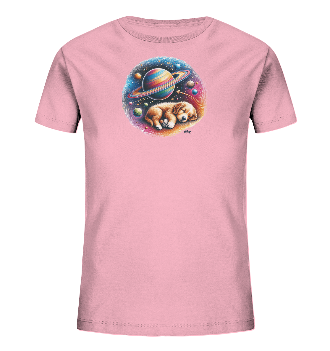 Onlineshop Shirts fuer Kinder - Dieses T-Shirt zeigt ein suesses Motiv mit einem schlafenden Welpen. Der Welpe ruht inmitten einer farbenfrohen Darstellung des Weltraums mit Planeten und Sternen. Das Design ist in einem runden Rahmen gefasst. Das helle Rosa des Shirts ergaenzt das fantasievolle Bild.