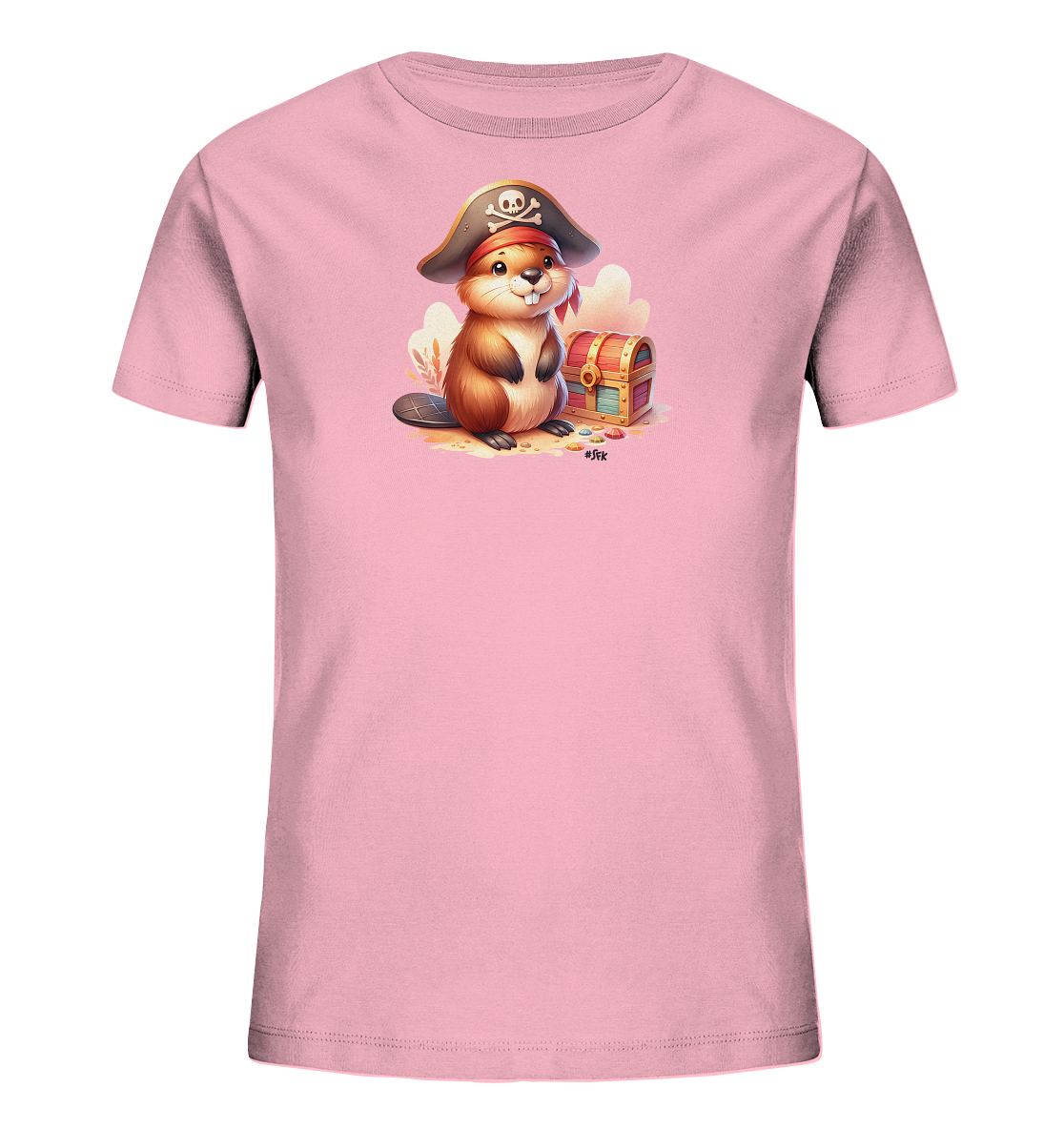 Onlineshop Shirts fuer Kinder - Das Bild zeigt ein hellrosa Kinder-T-Shirt mit einer detailreichen Illustration. Ein niedlicher Biber traegt einen Piratenhut und sitzt neben einer geoeffneten Schatzkiste voller bunter Schaetze. Die Szene ist auf sandigem Grund mit stilisierten Pflanzen im Hintergrund dargestellt. Das Design verleiht dem Shirt einen froehlichen und abenteuerlichen Look.
