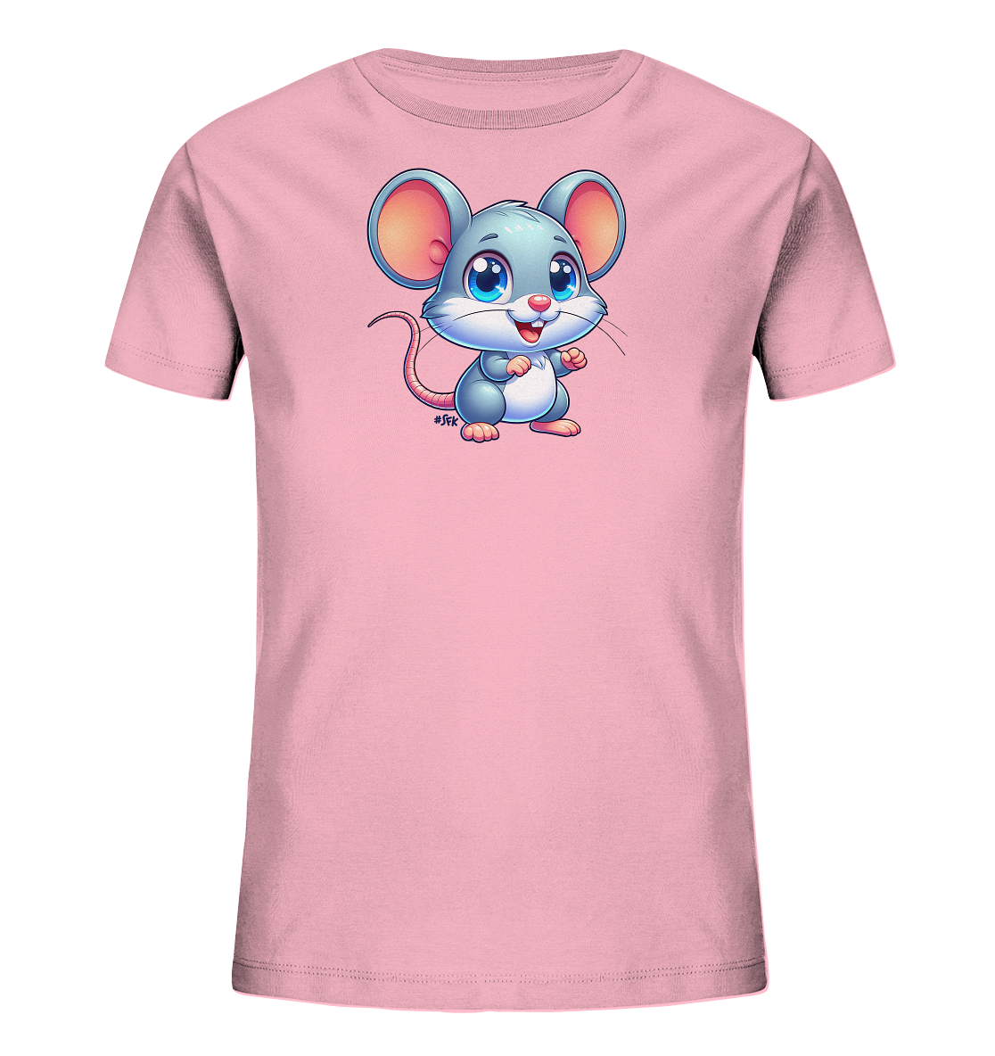 Onlineshop Shirts fuer Kinder - Das Bild zeigt ein pinkes Kinder-T-Shirt. Auf der Vorderseite ist eine grosse, suesse Cartoon-Maus abgebildet. Die Maus ist grau, hat grosse rosa Ohren, blaue Augen und ein froehliches Laecheln. Sie steht aufrecht in der Mitte des Shirts.