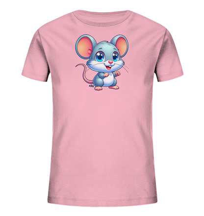 Onlineshop Shirts fuer Kinder - Das Bild zeigt ein pinkes Kinder-T-Shirt. Auf der Vorderseite ist eine grosse, suesse Cartoon-Maus abgebildet. Die Maus ist grau, hat grosse rosa Ohren, blaue Augen und ein froehliches Laecheln. Sie steht aufrecht in der Mitte des Shirts.