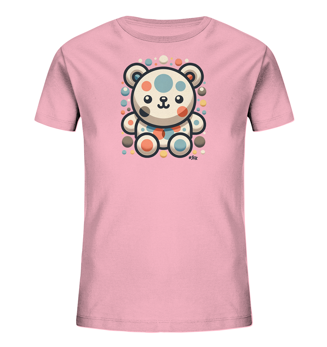 Onlineshop Shirts fuer Kinder - Das Bild zeigt ein rosa Kinder T-Shirt mit einem suessen Comic-Baeren auf der Vorderseite. Der Baer besteht aus farbigen Kreisen in Blau, Orange, Beige und Grau und hat ein freundliches Gesicht. Zahlreiche kleine, bunte Punkte umgeben die Figur. Das Design wirkt froehlich und verspielt.