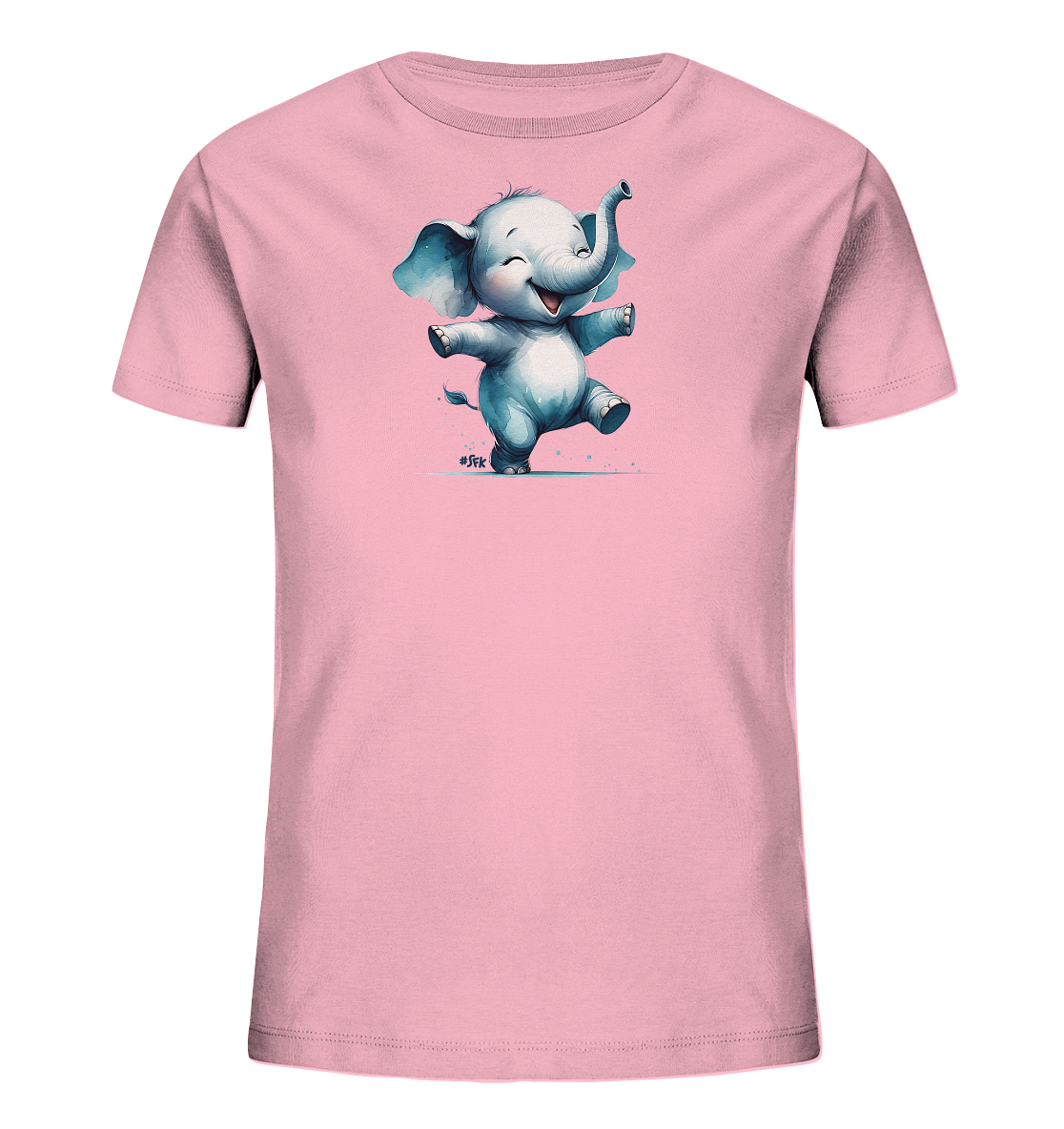 Onlineshop Shirts fuer Kinder - Das Bild zeigt ein rosafarbenes T-Shirt fuer Kinder. Auf der Vorderseite ist eine niedliche Illustration eines kleinen Elefanten zu sehen. Der Elefant tanzt oder springt froehlich und hat die Arme weit ausgebreitet und den Ruessel erhoben. Um den Elefanten herum sind kleine blaue Farbspritzer oder Punkte verteilt.