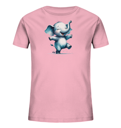 Onlineshop Shirts fuer Kinder - Das Bild zeigt ein rosafarbenes T-Shirt fuer Kinder. Auf der Vorderseite ist eine niedliche Illustration eines kleinen Elefanten zu sehen. Der Elefant tanzt oder springt froehlich und hat die Arme weit ausgebreitet und den Ruessel erhoben. Um den Elefanten herum sind kleine blaue Farbspritzer oder Punkte verteilt.