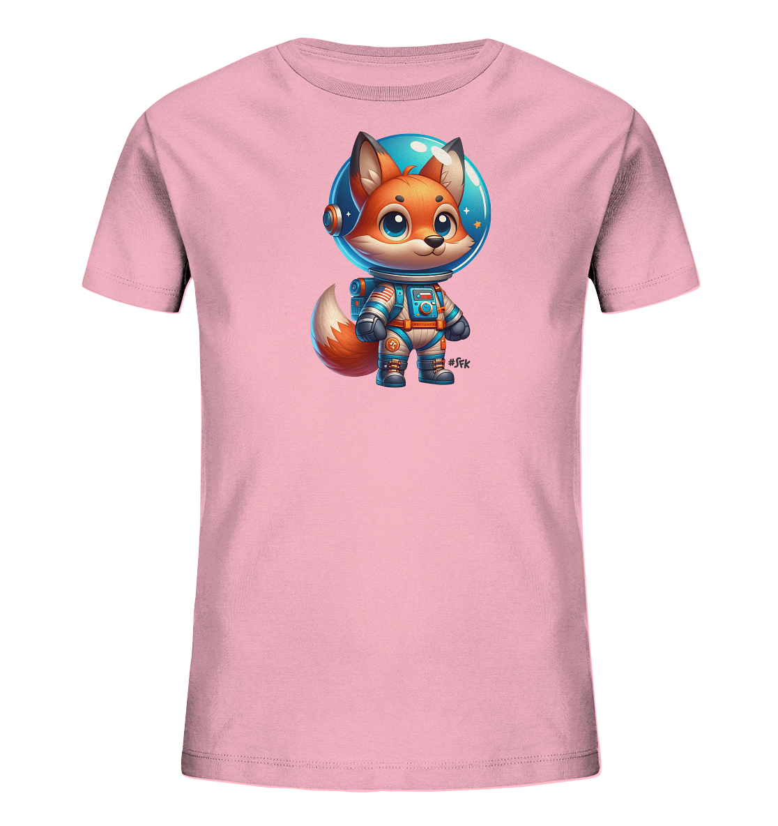 Onlineshop Shirts fuer Kinder - Das Bild zeigt ein hellrosa T-Shirt fuer Kinder. Auf der Vorderseite ist eine niedliche Cartoon-Illustration eines Fuchses abgebildet. Der Fuchs traegt einen Astronautenanzug und einen Helm, der eine Weltraumszene widerspiegelt. Das Motiv ist farbenfroh und detailliert gestaltet.