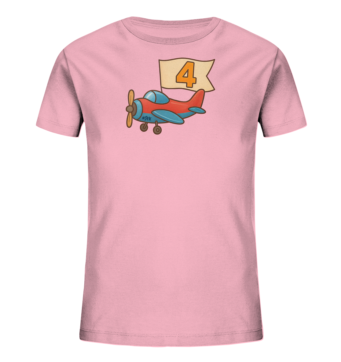 Onlineshop Shirts fuer Kinder - Das Bild zeigt ein hellrosafarbenes Kinder-T-Shirt. Auf der Vorderseite ist ein rotes Flugzeug mit blauen Akzenten abgebildet, das ein beiges Banner zieht. Auf dem Banner ist die Zahl '4' in Orange zu sehen. Das spielerische Design ist ideal fuer kleine Flugzeug-Enthusiasten.