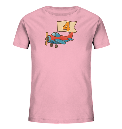 Kinder T-Shirt mit rotem und blauem Flugzeug, Banner und Zahl 4