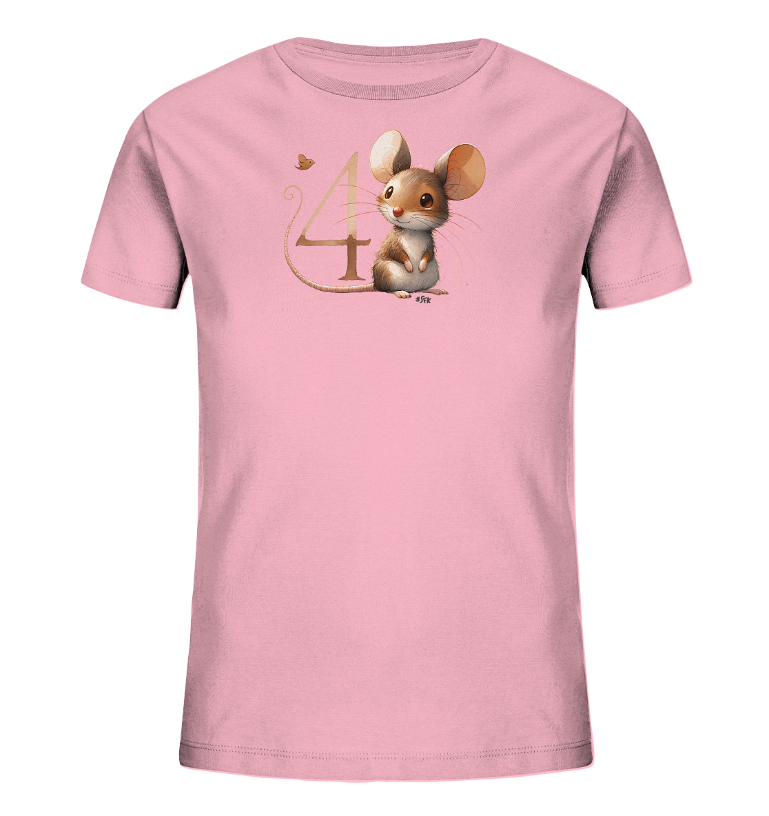 Onlineshop Shirts fuer Kinder - Das Bild zeigt ein rosafarbenes Kinder-T-Shirt mit einem niedlichen Aufdruck einer Maus. Die Maus mit grossen Ohren sitzt neben der Zahl vier, die verspielt gestaltet ist. Eine kleine Schmetterlingsgrafik ergaenzt das Motiv. Das Design wirkt froehlich und ansprechend.