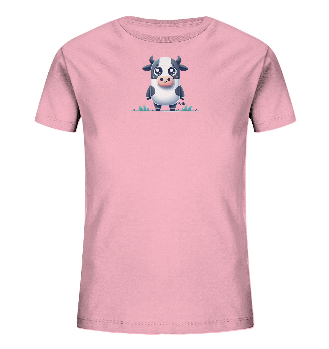 Onlineshop Shirts fuer Kinder - Das Bild zeigt ein hellrosafarbenes T-Shirt fuer Kinder mit einem mittig platzierten Aufdruck. Das Motiv stellt eine cartoonhafte, schwarz-weisse Kuh dar. Die Kuh hat grosse Augen, einen freundlichen Ausdruck und steht in stilisiertem gruenem Gras. Dieses Design verleiht dem Shirt eine verspielte und kinderfreundliche Optik.