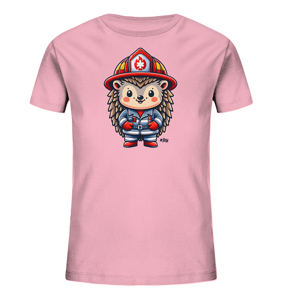 Onlineshop Shirts fuer Kinder - Dieses hellrosa Kinder-T-Shirt zeigt ein suesses Igel-Motiv, das als Feuerwehrmann gekleidet ist. Der Igel traegt einen Helm mit einem Emblem und eine Uniform mit Streifen und Guertel. Das Design ist freundlich und kindgerecht gestaltet, ideal fuer kleine Heldenfans.