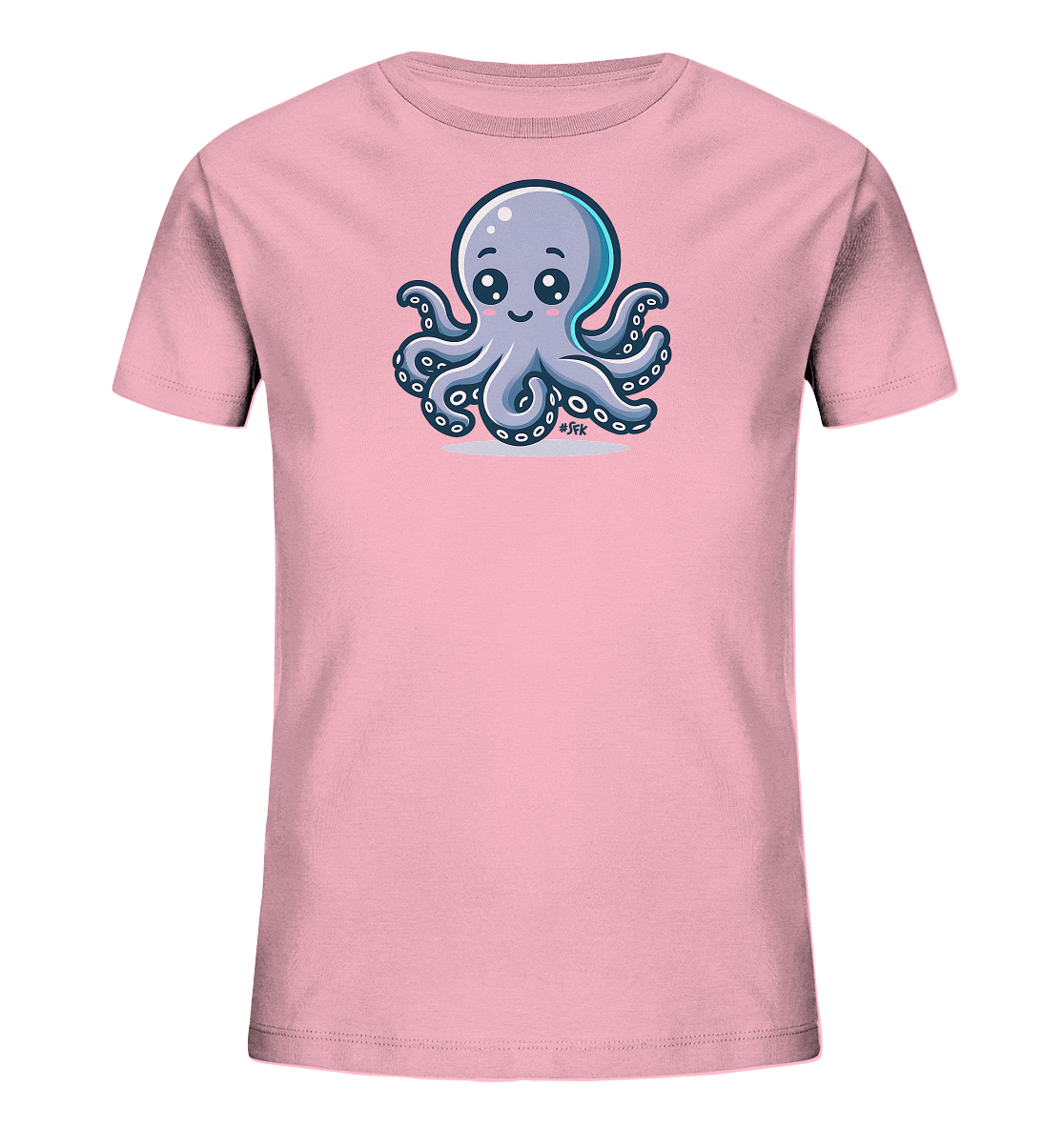 Onlineshop Shirts fuer Kinder - Dieses Bild zeigt ein hellrosa T-Shirt fuer Kinder, bedruckt mit einem niedlichen blauen Oktopus-Motiv. Der Oktopus hat grosse, glaenzende Augen und ein freundliches Laecheln, umgeben von seinen charakteristischen Armen. Er sitzt auf einer hellblauen, wellenartigen Form, die dem Design einen maritimen Touch verleiht. Das farbenfrohe und detaillierte Design ist ansprechend und kindgerecht.