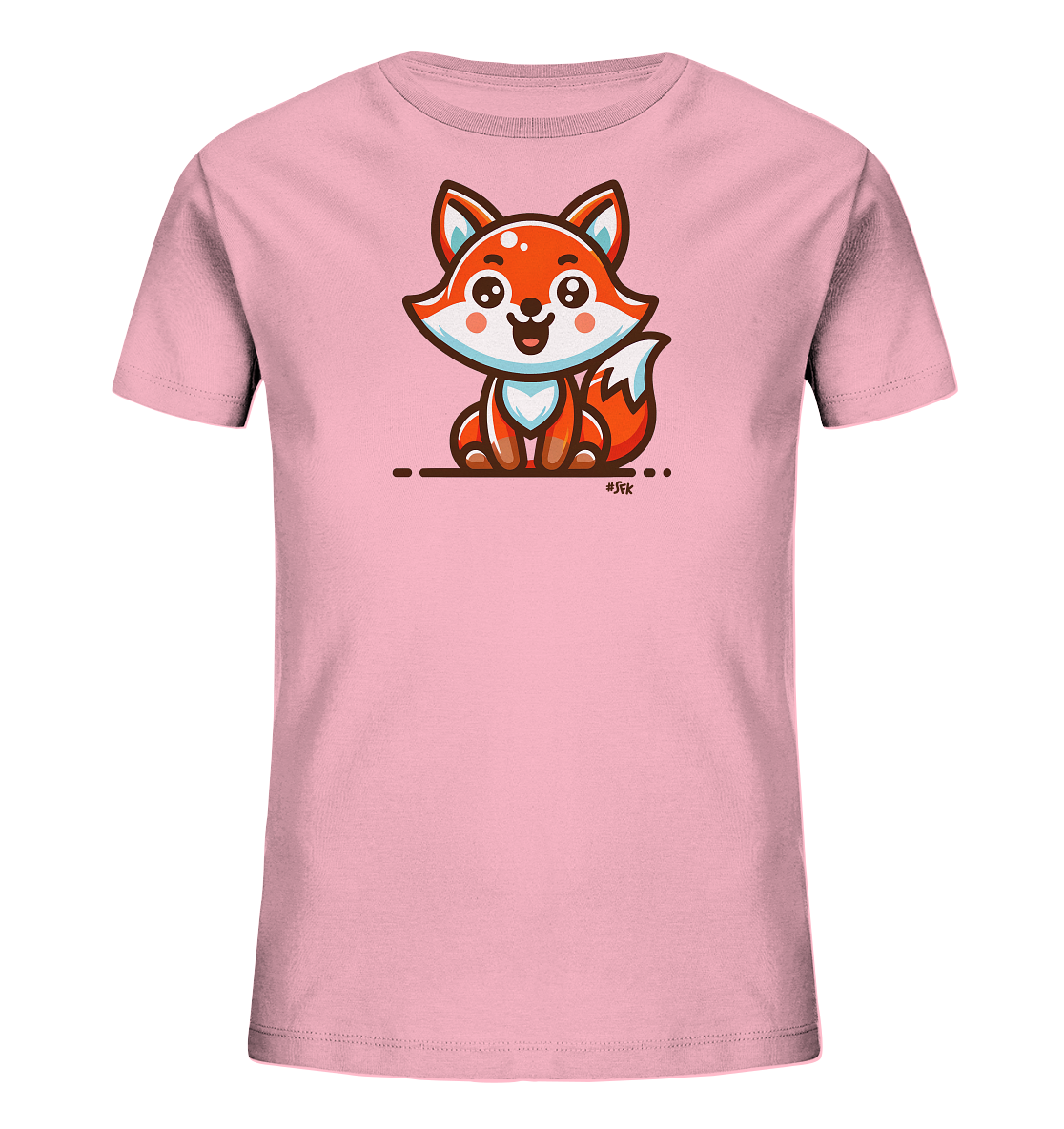 Onlineshop Shirts fuer Kinder - Das Bild zeigt ein rosa T-Shirt mit einer niedlichen Cartoon-Illustration eines sitzenden Fuchses auf der Vorderseite. Der Fuchs hat ein froehliches Gesicht und ist in den Farben Orange, Weiss und Blau dargestellt. Die Grafik umfasst auch stilisierte Linien und Punkte um das Tier herum. Das Design wirkt verspielt und ansprechend fuer Kinder.