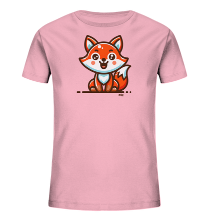 Onlineshop Shirts fuer Kinder - Das Bild zeigt ein rosa T-Shirt mit einer niedlichen Cartoon-Illustration eines sitzenden Fuchses auf der Vorderseite. Der Fuchs hat ein froehliches Gesicht und ist in den Farben Orange, Weiss und Blau dargestellt. Die Grafik umfasst auch stilisierte Linien und Punkte um das Tier herum. Das Design wirkt verspielt und ansprechend fuer Kinder.